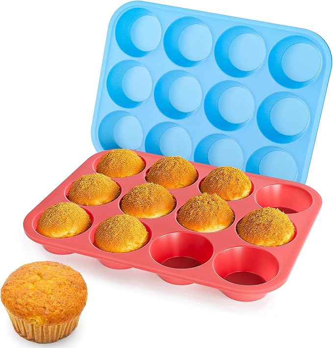 Bangp 2Pack Silicone Muffin Pans for Baking with Metal Reinforced Frame,12 Cup Regular Size Cupcake Pans,Premium Nonstick Food Grade Silicone Muffin Tray for Muffin,Cakes,Tart,Egg Bites