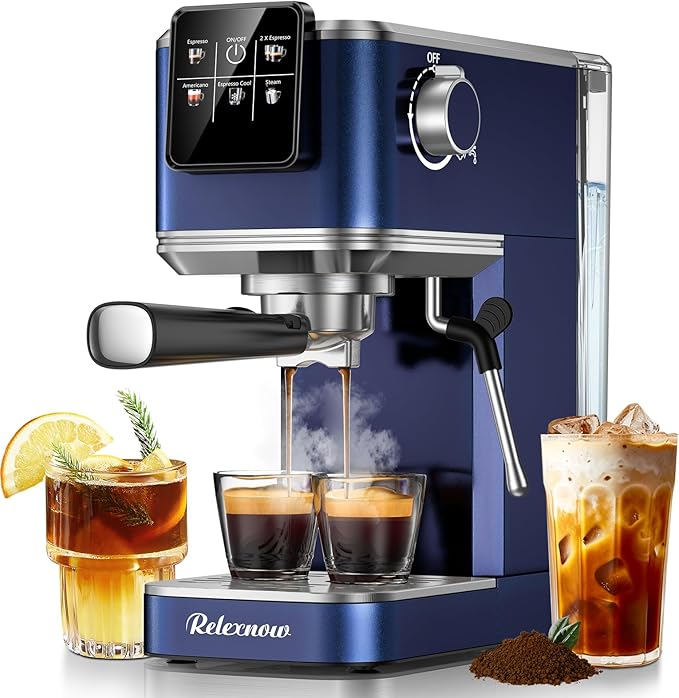 RELEXNOW Espresso Machine, 20 Bar Espresso Maker Milk Frother & LCD Panel, Hot & Iced Coffee Machine, Stainless Steel Espresso Coffee Machine with 41oz Water Tank for Cappuccino, Latte