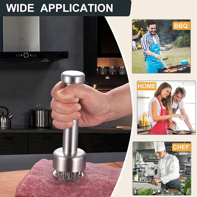 Meat Tenderizer Stainless Steel with Sharp Needles for Steak Chicken Pork Fish, Suitable Meat Tenderizer Tool with Cleaning Brush for BBQ or Kitchen