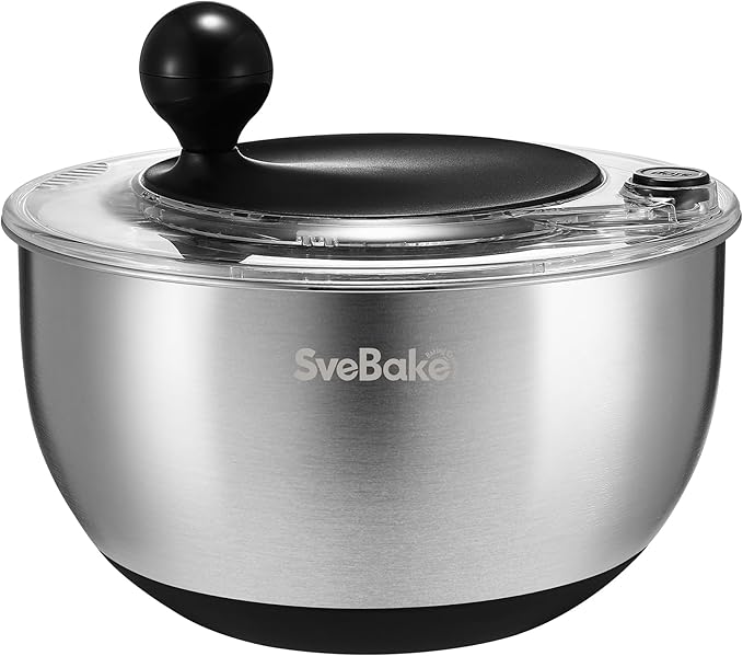 5.3Qt Stainless Steel Salad Spinner with Stop Button, BPA-Free Vegetable Lettuce Spinner, Transparent Lid & Drainage Hole, Non-Slip Base, Dishwasher Safe Fruit Washer
