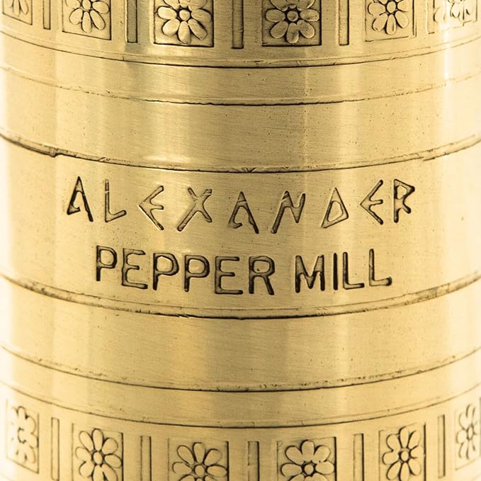 Alexander Home The Original Greek Pepper Mill 8 Inch Tall | European Pepper Mill Grinder with Crank Handle | Manual Pepper Grinder | Peppercorns Refillable - Brass
