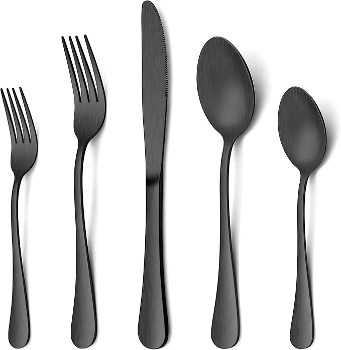 LIANYU 20 Piece Matte Black Silverware Set, Stainless Steel Black Flatware Cutlery Set for 4, Fancy Kitchen Utensil Tableware for Home Restaurant Party, Satin Finish, Dishwasher Safe