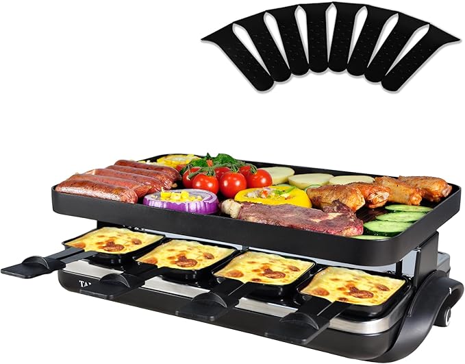 TAMARIT Classic 8 Person Raclette Grill 1500W Electric Tabletop Griddle with Reversible Plate, 8 Non-Stick Cheese Trays and Spatulas Indoor Portable Korean BBQ Barbecue Party Grill Black
