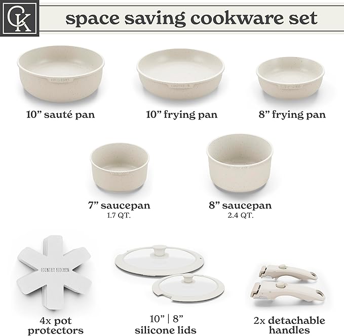 Country Kitchen Cookware Set with Removable Handle, Oven & RV Safe Pots and Pans Set, Cream, Original