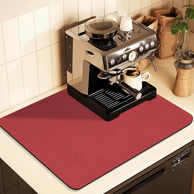 Coffee Mat for Countertops ,Coffee Bar Accessories Fit Under Coffee Maker Espresso Machine, Absorbent Hide Stain Rubber Mat for Countertop ,Dish Drying Mat for Kitchen Counter (Red, 17"x31.5")