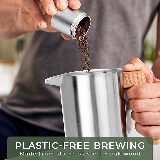 WALDWERK French Press (34 oz) - Non-Toxic Stainless Steel Double Wall French Press Coffee Maker - Plastic Free Coffee Press with Oak Wood Handle - Insulated Stainless Steel Coffee Maker - No Plastic