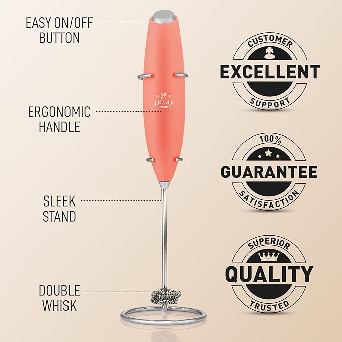 Zulay Kitchen Double Whisk Milk Frother – Handheld Foam Maker for Coffee, Lattes, Matcha, Hot Chocolate & Cappuccinos – Whip Creamy Froth in Seconds, Portable & Easy to Use