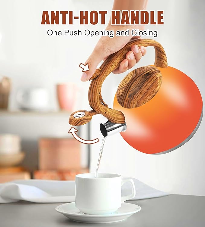 Tea Kettle Stovetop, 3.2Qt Stainless Steel Tea pots with Wood Grain Handle Food Grade Whistling Tea kettle,Induction/Gas Stoves (Orange-Red Gradient)
