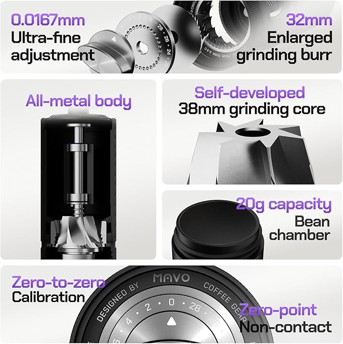 MAVO Manual Coffee Grinder, Shadow Wand Hand Coffee Grinder, Capacity 25g with CNC Stainless Steel Pentagon Conical Burr, Adjustable Setting, Burr Coffee Bean Grinder for Pour Over, Espresso (Silver)