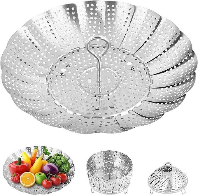 Steamer Basket for Cooking – Premium 304 Stainless Steel Steamer Basket, 3rd Gen Folding Expandable Steamers, Suitable for Cookware Pot, Fit for Fish Vegetables Pasta Eggs (Large (6.49“ to 10.82”))