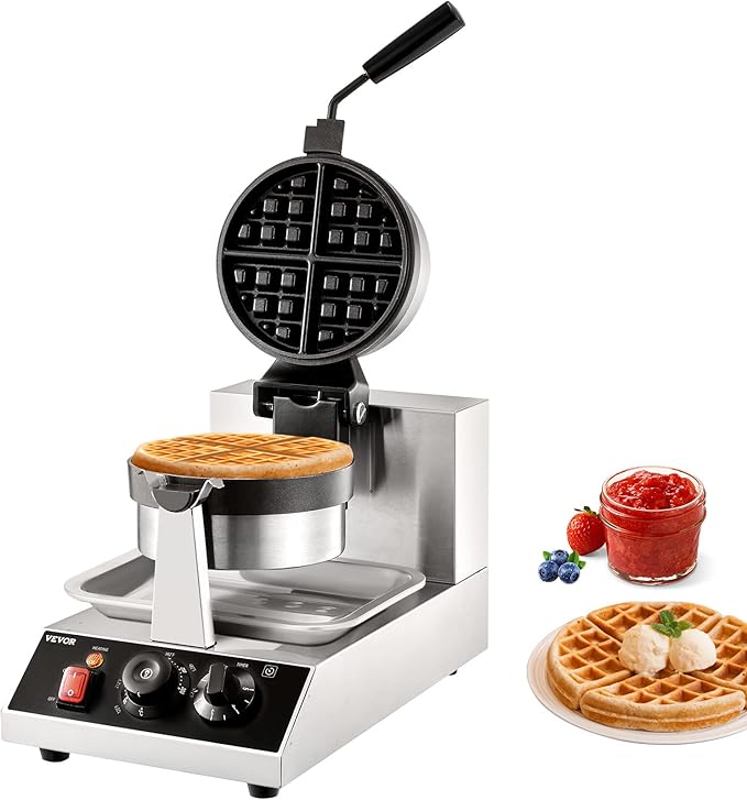 VEVOR Commercial Waffle Maker, 1300W Round Waffle Iron, Non-Stick Rotatable Waffle Baker Machine With 122-572℉ Temp Range and Time Control, Teflon-Coated Baking Pan Stainless Steel Body 120V