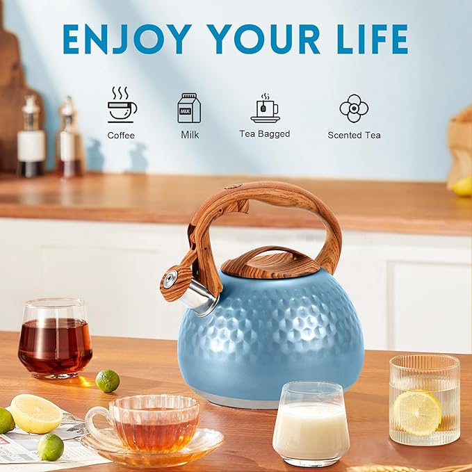 GGC Tea Kettle for Stove Top, Loud Whistling Kettle for Boiling Water Coffee or Milk, 3.1 Quart 3L Heavy Stainless Steel Blue Kettle with Wood Pattern Handle, Unique Button Control Kettle Outlet