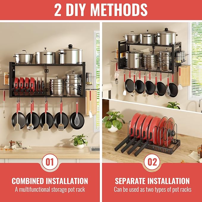 31 Inch Pot Rack Wall Mounted，3 in 1 Pots and Pans Organizer with 2 tier Kitchen Racks & Pot Lid Organizer Holder and 20 Hooks,Heavy Duty Hanging Pot Hanger for Kitchen Cookware, Utensils, Black