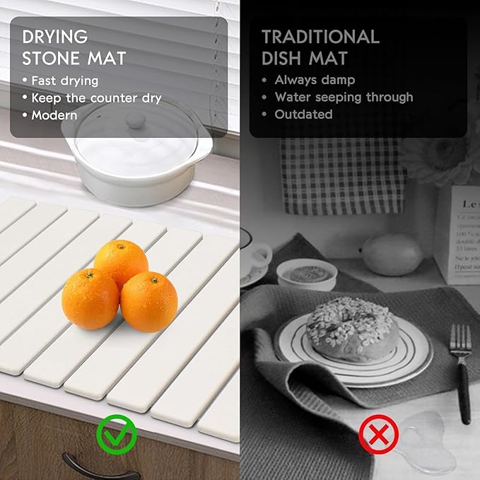 Large Stone Dish Drying Mat for Kitchen Counter, 24"(L)×16"(W), Collapsible Quick Drying Dish Mats, Ultra Absorbent Diatomaceous Earth Mats for Dishes Bottles Cups, Match Any Countertop
