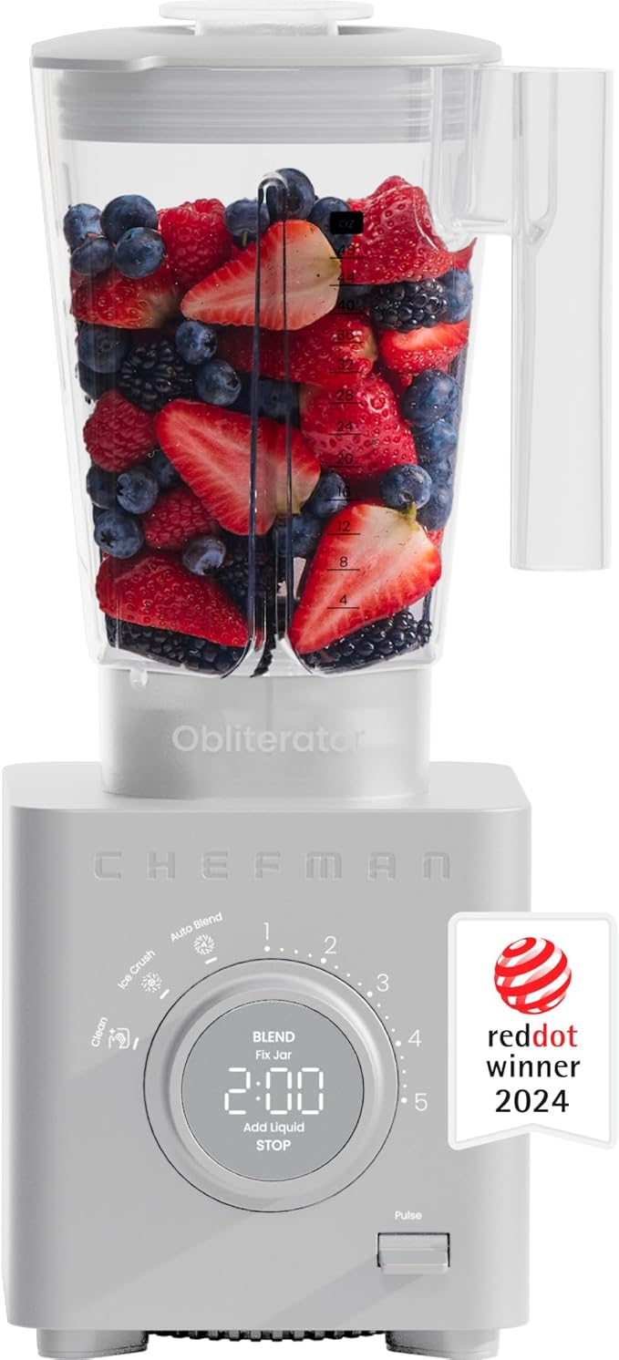 Chefman Obliterator 48 oz Countertop Blender for Smoothies, 1380W Motor to Crush Ice, Nuts, and Frozen Fruit with Stainless Steel Blade, Auto Blend Function, Includes Tamper and Scraper - Concrete