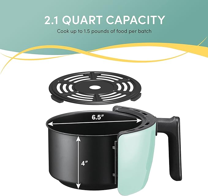 Elite Gourmet EAF-0201BL Personal Compact Space Saving Electric Hot Air Fryer Oil-Less Healthy Cooker, Timer & Temperature Controls, 1000W, 2.1 Quart, Mint