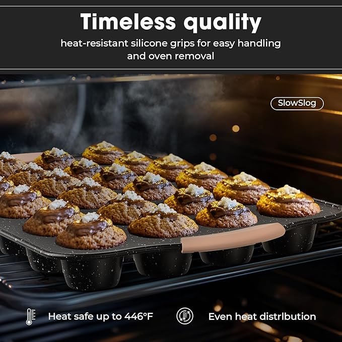 11-Piece Baking Pans Set, Nonstick Bakeware Sets, Oven Pans for Baking with Silicone Handles, Includes Cookie Sheet, Cake Pans, Loaf Pan, Pizza Pan, Muffin Pan, Khaki&Black