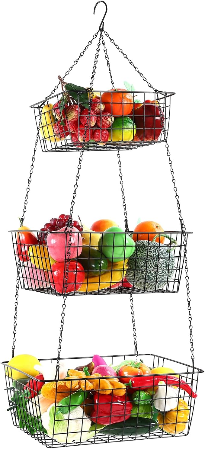 Hicarer 3 Tier Hanging Fruit Basket Square 35.4 Inch Fruit Organizer Kitchen Heavy Duty Wire Organizer with Metal Ceiling Hooks for Kitchen Vegetable Produce Storage