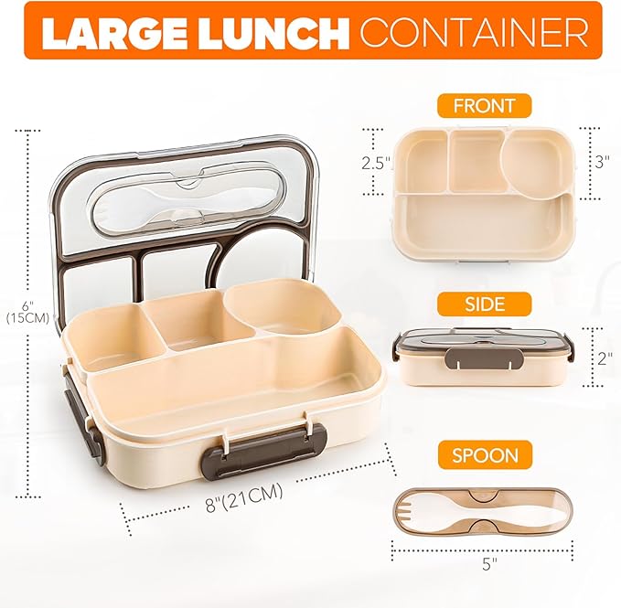 EASYFUN Bento Box Adult, Lunch Box, 4-Compartment Lunch Containers, Drop-Proof, Dishwasher Safe & Made with BPA-Free Materials(Khaki)