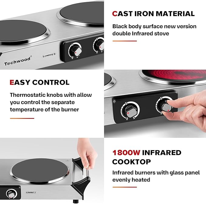Techwood Electric Stove, Double Infrared Ceramic Hot Plate for Cooking, Two Control Cooktop Burner, Portable Anti-scald handles Suitable for Office/Home/Camp Use, 1800W Compatible for All Cookwares