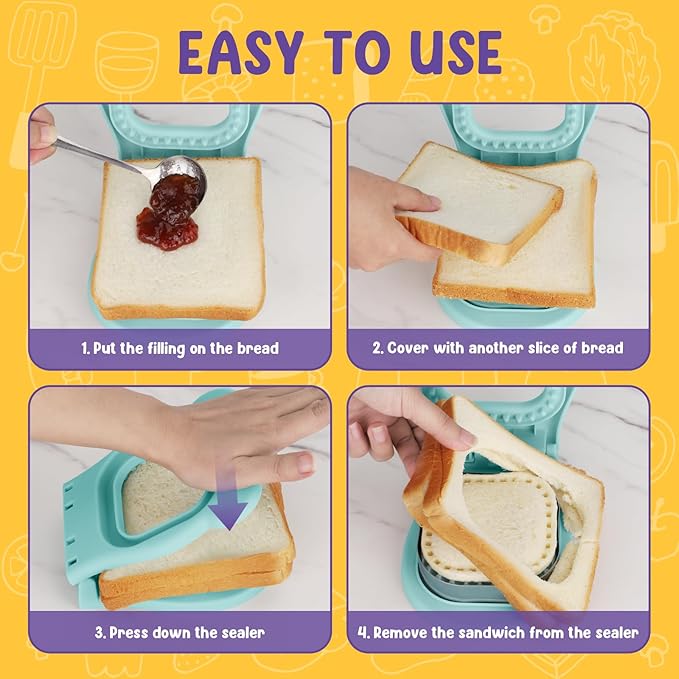TACGEA Uncrustable Sandwich Cutter Maker – Sandwich Sealer and Cutter for Lunchbox and Breakfast, Square Shape, Light Blue