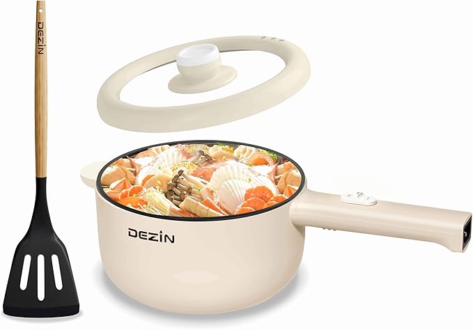 Dezin Hot Pot Electric, 2L Non-Stick Sauté Pan, Rapid Noodles Cooker, Mini Portable Pot for Steak, Egg, Fried Rice, Ramen, Oatmeal, Soup with Power Adjustment & Spatula, College Dorm Room Essential