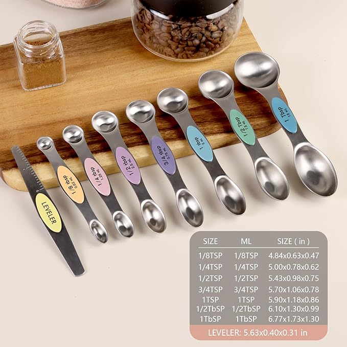 ChefAide Pack of 8 Stainless Steel Magnetic Measuring Spoons Set, Dual Sided, Stackable, Adjustable Teaspoon and Tablespoon Measure Spoon with Leveler, Kitchen Gadgets