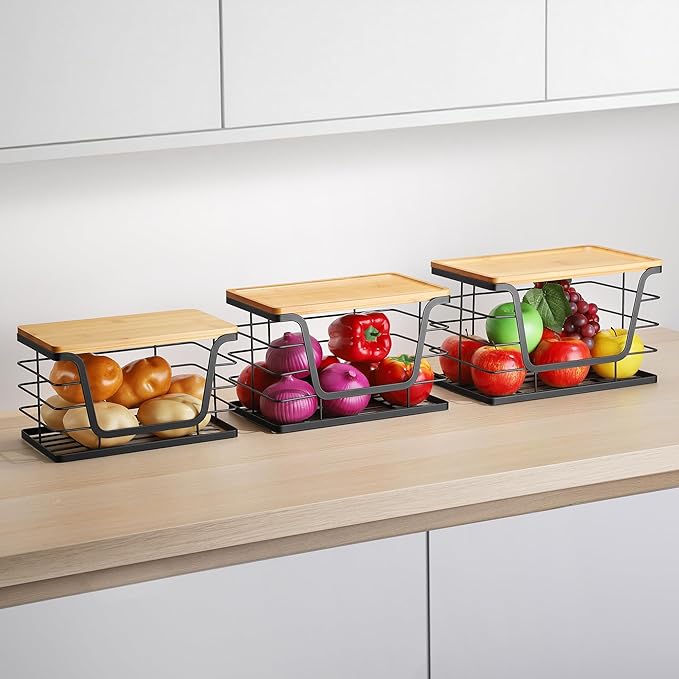 ALOCEO 3 Pack Stackable Storage Bins with Lids, Stainless Steel Trash Bag Dispenser Roll Holder for for Kitchen Sink, Laundry, Pantry Organizer and Storage