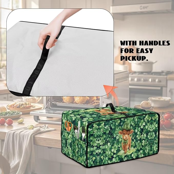 Highland Cow Four Leaf Clover Print Toaster Oven Cover Microwave Cover for Kitchen Countertop Appliance Dust Protector Decorative Oven Accessories for St. Patrick's Day Decor, Green, M