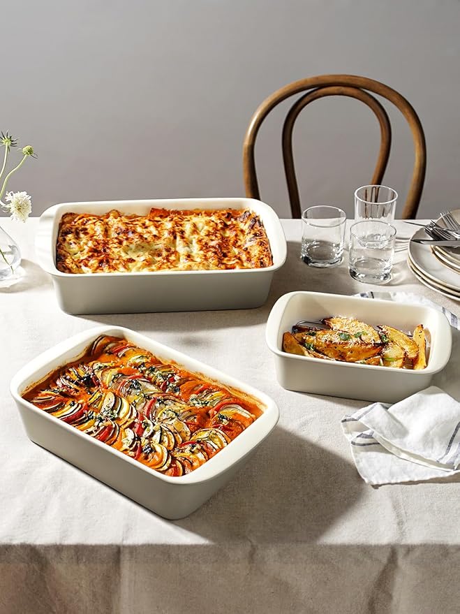 LE TAUCI Deep Casserole Dishes for Oven, 13.7”x9.6” Ceramic Baking Dish Set with Roasting Racks, Large Lasagna Pans with Handles, Rectangular Bakeware as Gift for Mom, Oatmeal Greige (4.6QT/3.0QT/1.6QT), Set of 3