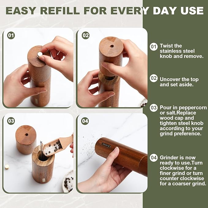 Wooden Salt and Pepper Grinder Set 11.8 Inch Manual Salt and Pepper Mill with Tray Adjustable Coarseness and Refillable Wood Grinders with Gold Bottle Label for Kitchen(Wood Color)