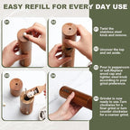 Wooden Salt and Pepper Grinder Set 11.8 Inch Manual Salt and Pepper Mill with Tray Adjustable Coarseness and Refillable Wood Grinders with Gold Bottle Label for Kitchen(Wood Color)