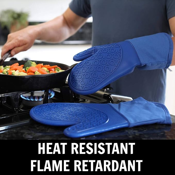 BPA-Free Soft Silicone 4 Piece Oven Mitts & Trivets Set - Ultra Heat Resistant Oven Mitts with Thick Cotton Liner - Long Slip Resistant Pot Holders, Flexible Oven Gloves - Royal Blue