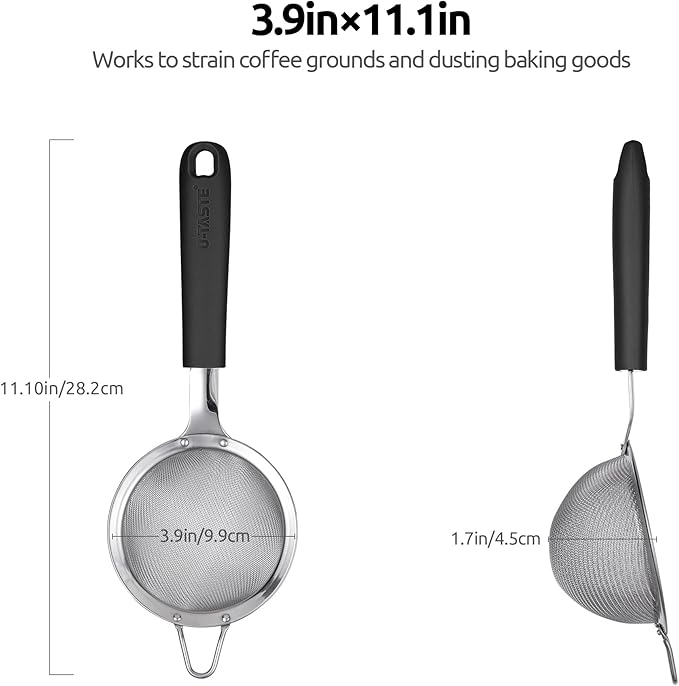 18/8 Stainless Steel Mesh Strainer: U-Taste 3.9 Inch Kitchen Fine Mesh Sieve Food Colander with Riveted Sturdy Silicone Handle and 30 Mesh Hole for Straining Flour, Quinoa, Tea, Juice (Black)