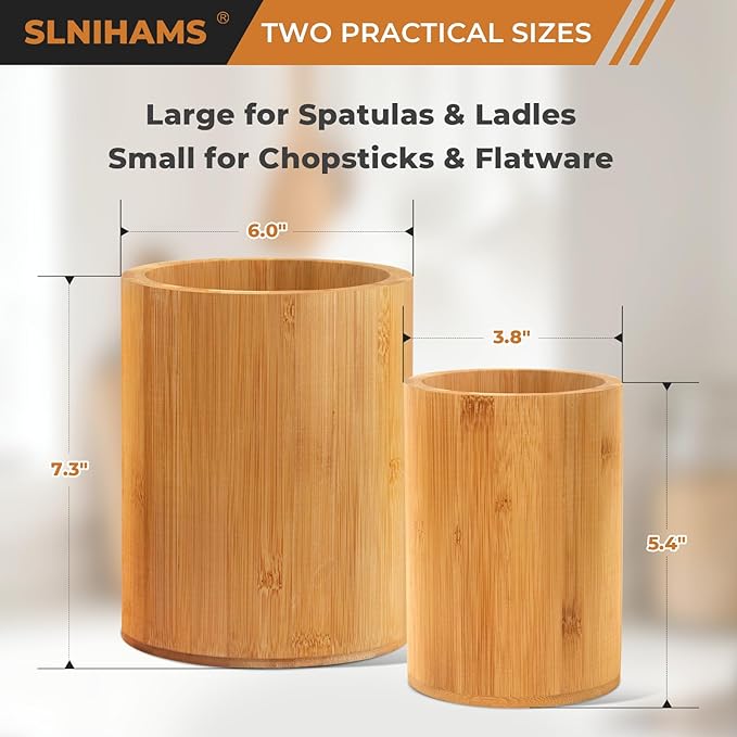 Bamboo Utensil Holder, 7.3"+5.4" Set of 2 Utensil Holders for Kitchen Counter, Bamboo Spoon and Chopstick Organizer, Flatware, Spatula & Silverware Storage Containers, for Countertop & Pantry