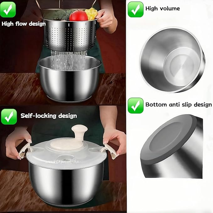 6L Stainless Steel Salad Spinner, Vegetable Spinner, Lettuce Spinner, Fruit Washer, Quick Spin Commercial Salad Spinner for Household Vegetables and Pasta Fries Spinner Essential Kitchen Utensils