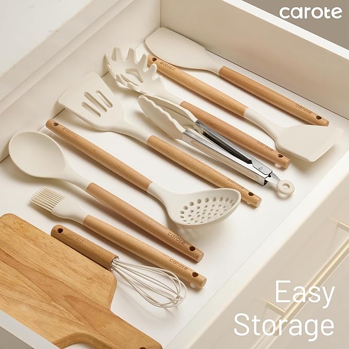 CAROTE 22pcs Silicone Cooking Utensils Set, 446°F Heat Resistant Kitchen Utensils Gadgets Set, Spatula, Turner, Whisk, Tongs