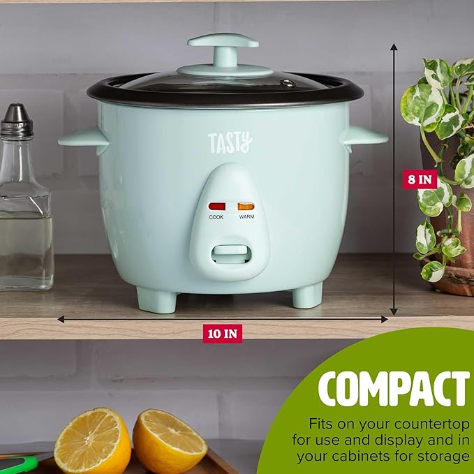 Tasty Mini Rice Cooker with Removable Nonstick Bowl and Auto Keep Warm Function, Great For Soups, Stews, Grains and Oats, 6 Cups Cooked (3 Cups Uncooked), 1.5-Quart, Aqua