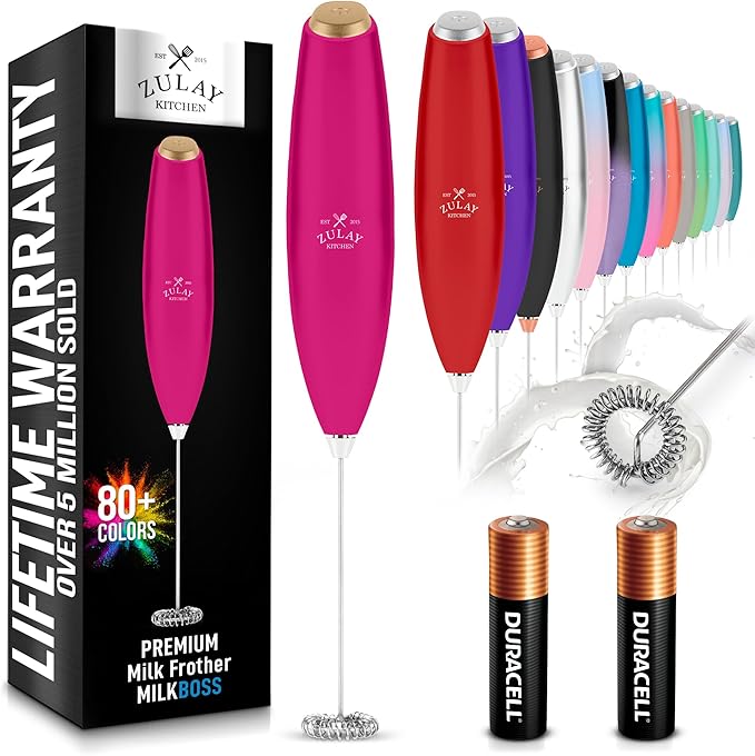 Zulay Kitchen Milk Frother Handheld Electric Whisk with AA Duracell Batteries – Durable Drink Mixer for Coffee, Lattes, Cappuccinos & More - Hot Pink