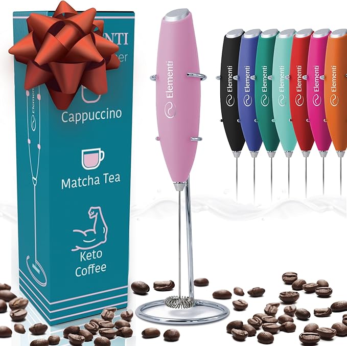Elementi Electric Pink Milk Frother Handheld - Mini Whisk for Coffee, Matcha and Drinks - Portable Frother & Mixer with Stand (Pastel Pink)