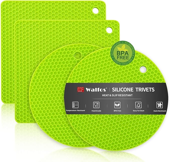 Walfos Silicone Trivet Mats - 4 Heat Resistant Pot Holders, Multipurpose Non-Slip Hot Pads for Kitchen Potholders, Hot Dishers, Jar Opener, Spoon Holder, Food Grade Silicone & BPA Free (Green)