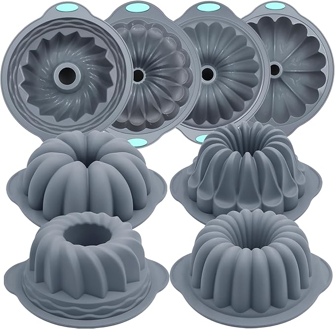 Tongjude 4 Pieces Silicone Fluted Tube Cake Pans, 7 Cups Tube Baking Pan, Jello Mold, Silicone Molds for Homemade Cake, Bread and Jello, Non-Stick, Grey