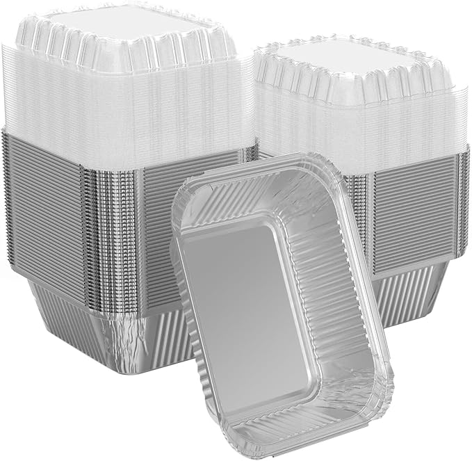 iHomeSet 50 Pack 2 lb Rectangular Disposable Aluminum Foil Pan 32 oz Take Out Food Containers with Clear Plastic Dome Lids, for Catering, Baking, Roasting Food