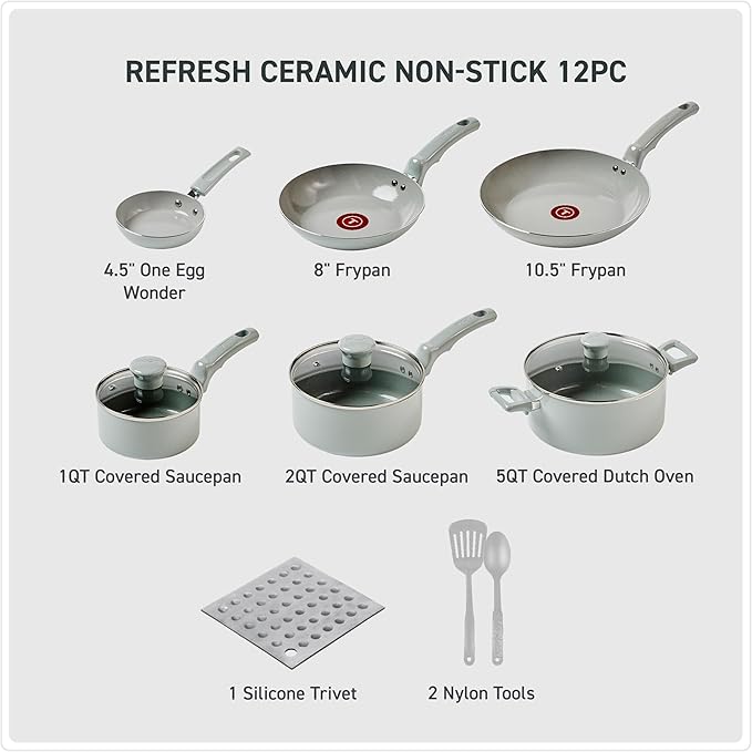 T-Fal Refresh Ceramic Nonstick Cookware Set, 12-Piece Ceramic Pots and Pans Set, Includes Stockpot, Griddle, Frying Pans, Utensils, Moon Grey