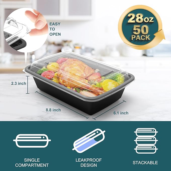 WGCC Meal Prep Containers - 50Pack 28OZ Food Containers With Lids, Disposable To Go, Stackable, Leakproof & Food Safe, Microwave, Freezer, Dishwasher Safe