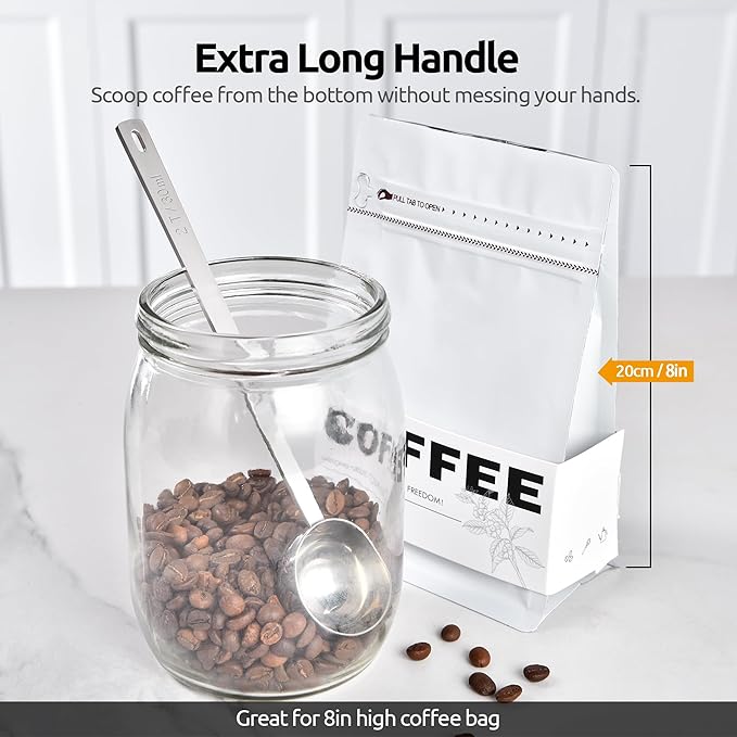U-Taste Coffee Scoop 2 Tablespoon: 18/8 Stainless Steel Measuring Scooper for Ground Coffee, Bean, Powder, Espresso, 6.9in Long Handle Metal Meaure Spoon for Canister, Jar (2Tbsp/30ml, Silver)