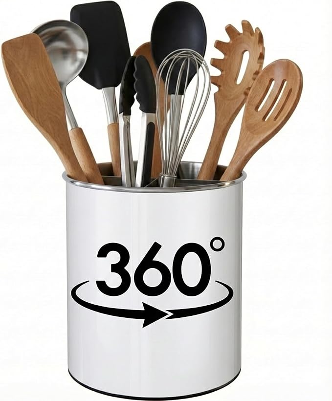 Cooler Kitchen White Rotating Extra Large Stainless Steel Utensil Holder Caddy with Sturdy No-Tip Weighted Base, Removable Divider, and Gripped Insert - Dishwasher Safe Metal Cooking Utensil Holder