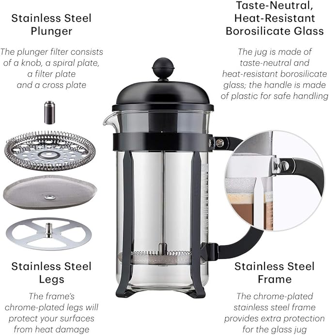 Bodum 34oz Chambord French Press Coffee Maker, High-Heat Borosilicate Glass, Stainless Steel, White – Made in Portugal