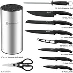 ROMANTICIST Knife Set, 10 Pieces Knife Block Set - Stainless Steel Kitchen Knives with Sharpener and Cheese Knife, Non-Slip Ergonomic Handles, Exquisite Knives Set - Stylish Black