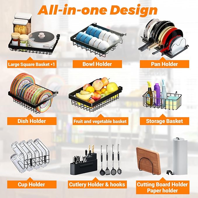 ADBIU Over Sink Dish Drying Rack (Expandable Height/Length) Snap-On Design Large Dish Drainer Storage Counter Organizer 32-40L x 12W x 34-38H (inches)
